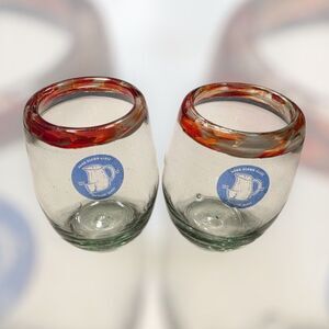 Mexican Hand Blown Stemless Wine Glass Multicolor Rim Set of 2 NEW